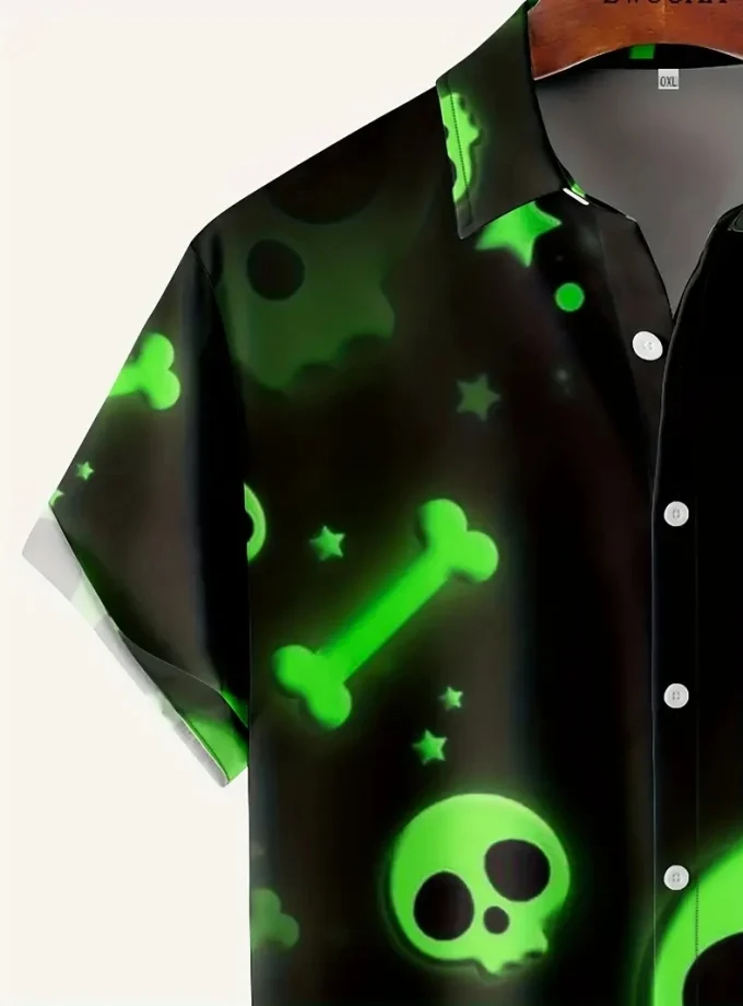 Men's Halloween Skulls Print Hawaiian Beach Shirt for Summer Short Sleeve Knitted Clothing for Big Tall Males