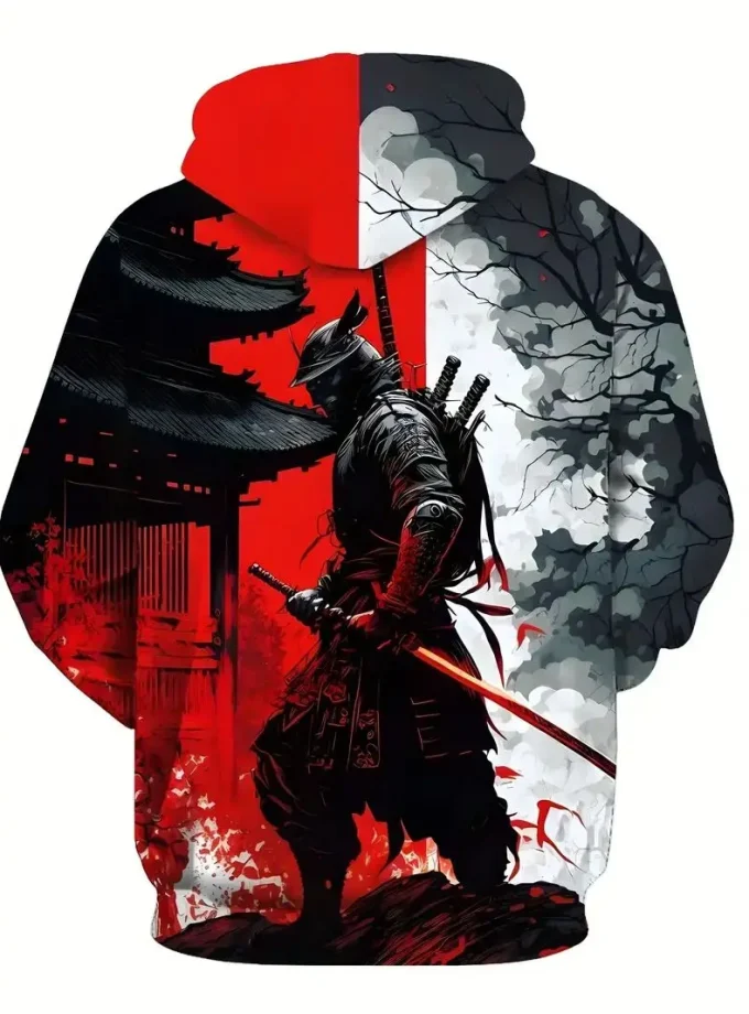 Men's Samurai-Inspired Hoodie With Kangaroo Pocket - Long Sleeve, Polyester, Street Style Pullover Sweatshirt