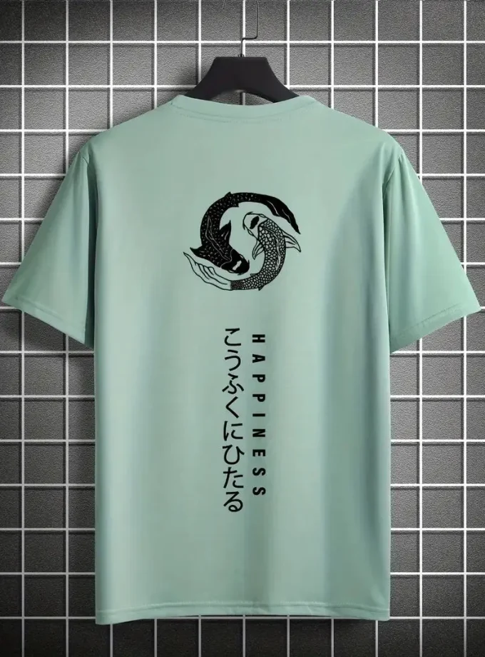 Men's Casual Sport Graphic V-Neck Koi Carp 'HAPPINESS' Lettering Spring/Summer Short Sleeve Knitted Tee Pattern Design T-shirt