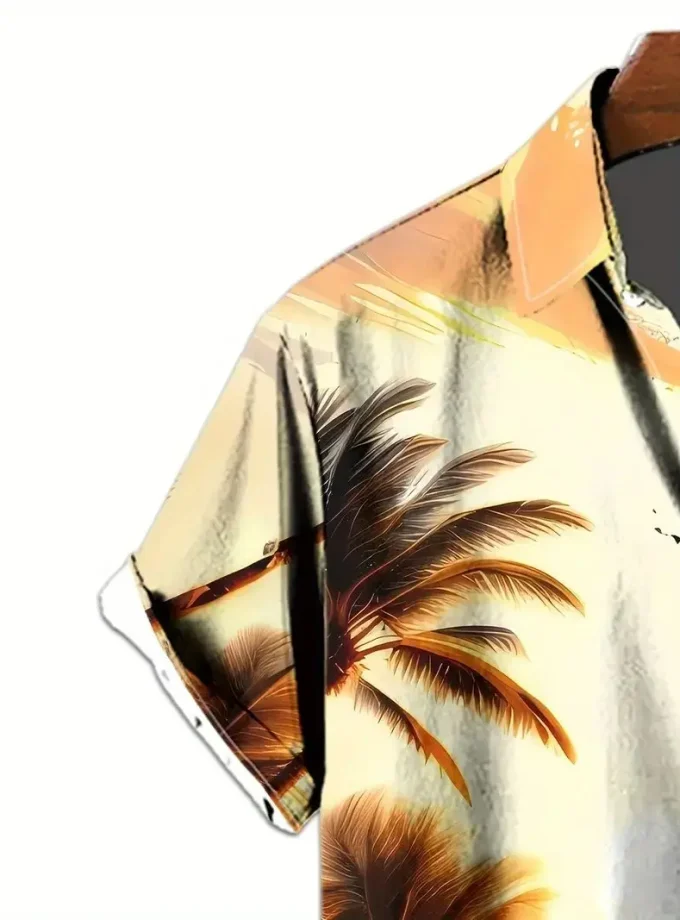 Men's Hawaiian Fashion 3D Digital Sailboat Sunset Print Short Sleeve Shirt Buttoned Top for Summer Pool Beach Holiday Wear