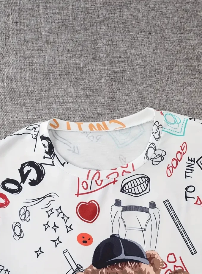 Men's 3D printed T-shirt with Cartoon Graffiti Toy Bear Pattern V-Neck Short Sleeve Chic Knitted Fabric