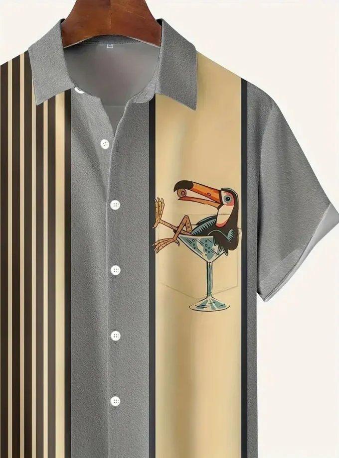 Men's Floral Pattern Striped Short Sleeve Shirt Casual Lapel Button up for Outdoor Activities Breathable and Sustainable