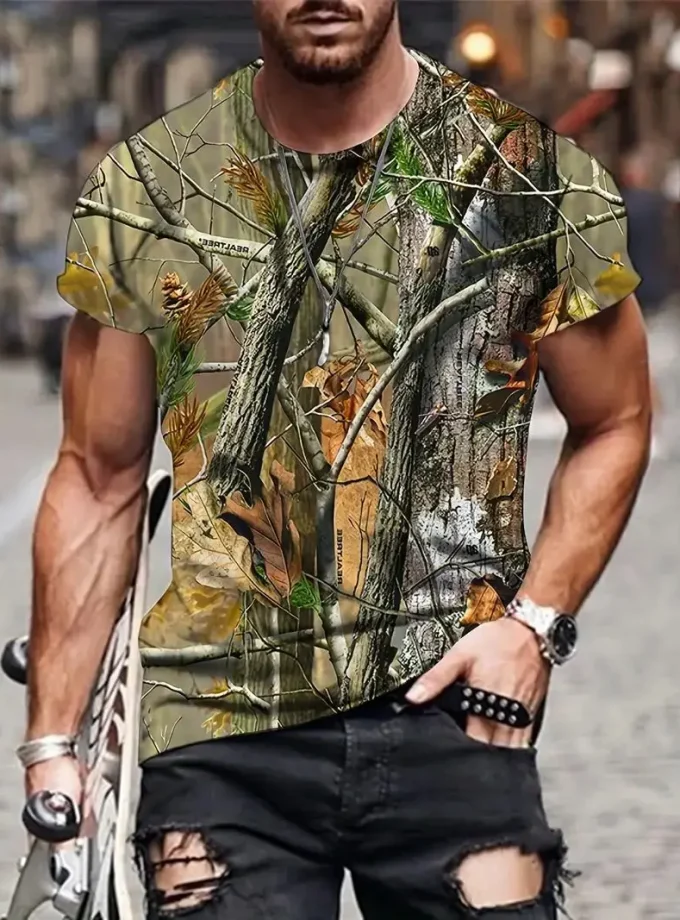 Men's Comfort Short Sleeve 3D Branch Easy Care Summer Casual Crew Neck Design Made Knitted Polyester-Spandex Blend Print T-Shirt