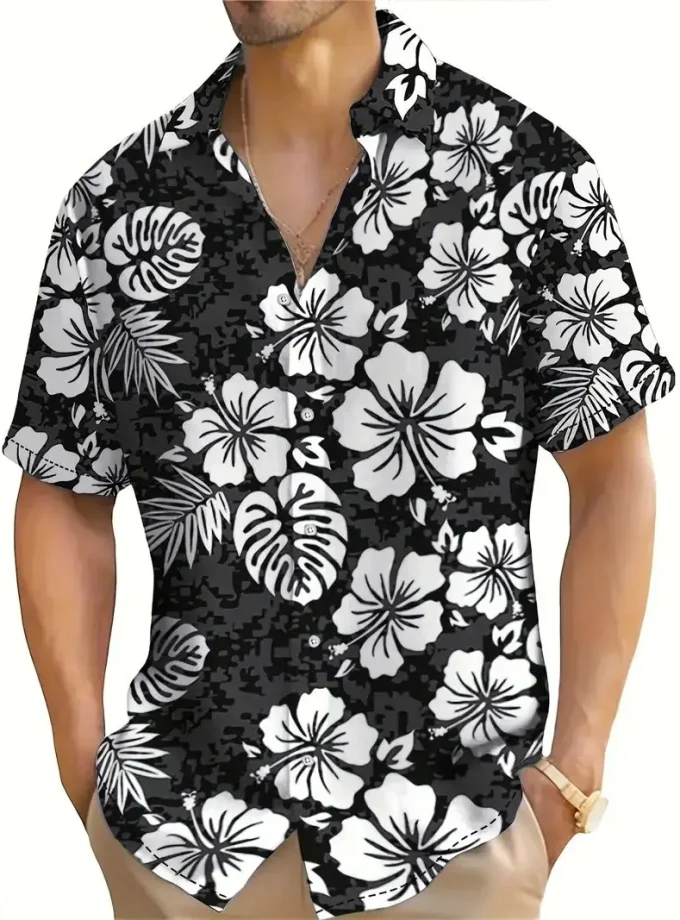 Men's Floral Print Button-Down Shirt Summer Hawaiian Style 3D Short Sleeve Lapel Breathable Sustainable Anti-Wrinkle Size XL