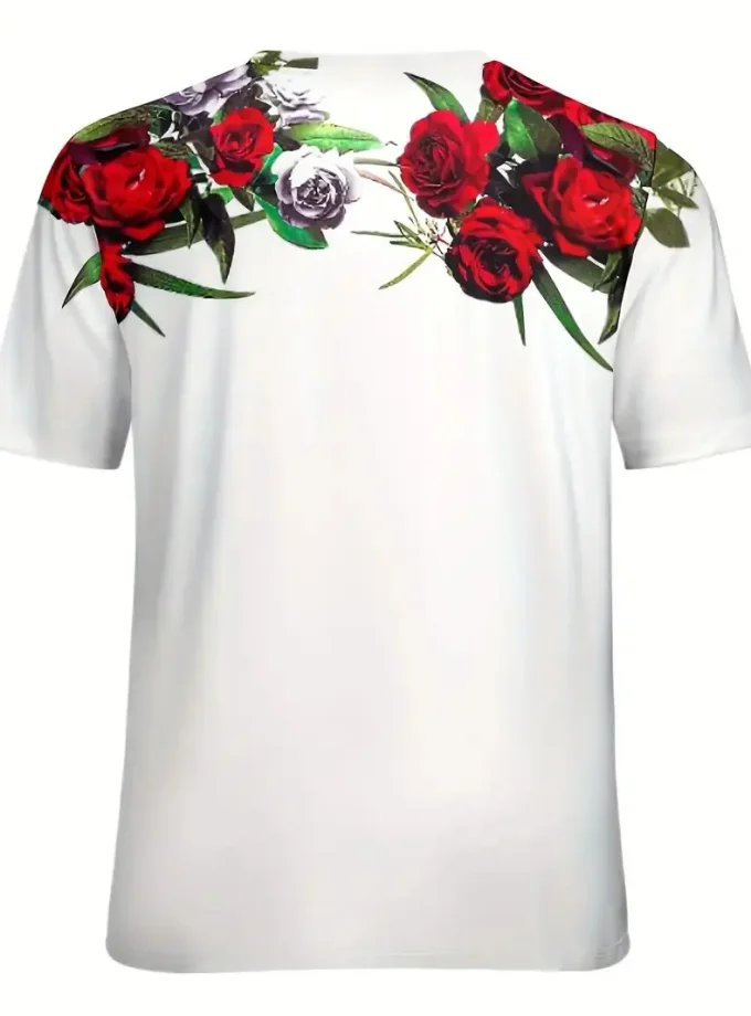 Men's Casual Summer Outing Top Rose 3D Digital Printed V-Neck Crew Neck T-Shirt Novelty Knitted T-Shirt