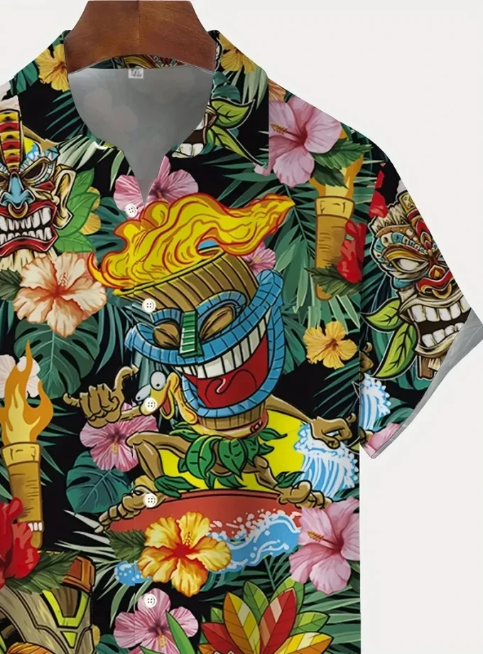 Men's Fashionable Monsters Print Casual Shirt Comfortable Loose Fit Buttoned Short Sleeve Breathable Summer Outdoor