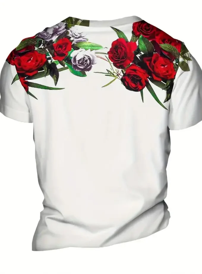 Men's Casual Summer Outing Top Rose 3D Digital Printed V-Neck Crew Neck T-Shirt Novelty Knitted T-Shirt