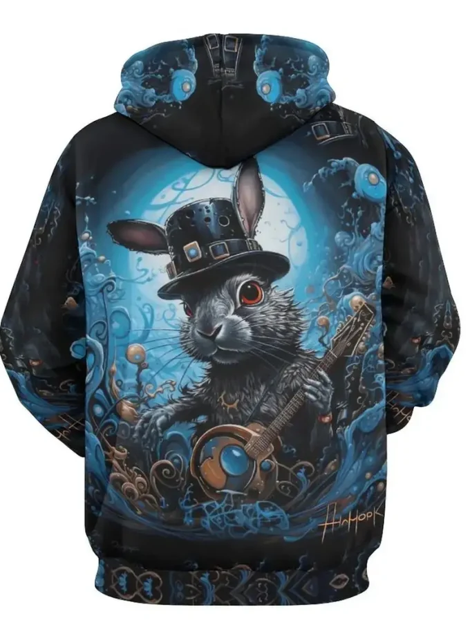 Men's Long Sleeve 3D Gray Rabbit Pattern Print Hoodie Soft Breathable Comfortable Sweatshirt Kangaroo Pocket Outdoor Sports