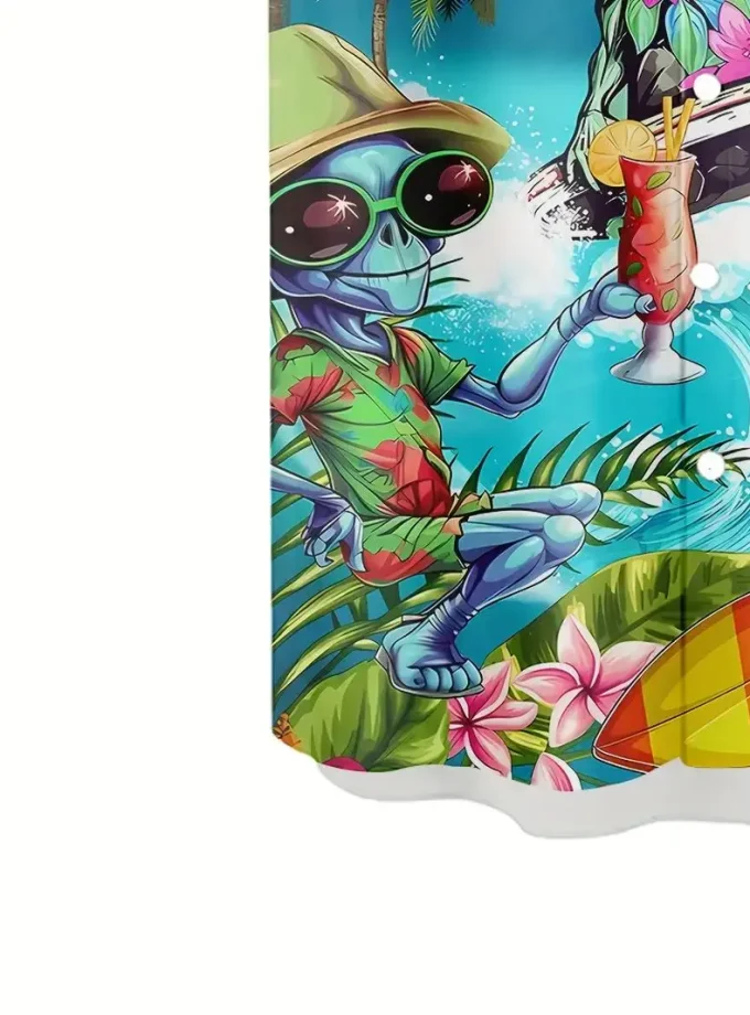 Men's Hawaiian Novelty Alien Print Button-Down Shirt, Short Sleeve Summer Vacation Shirts