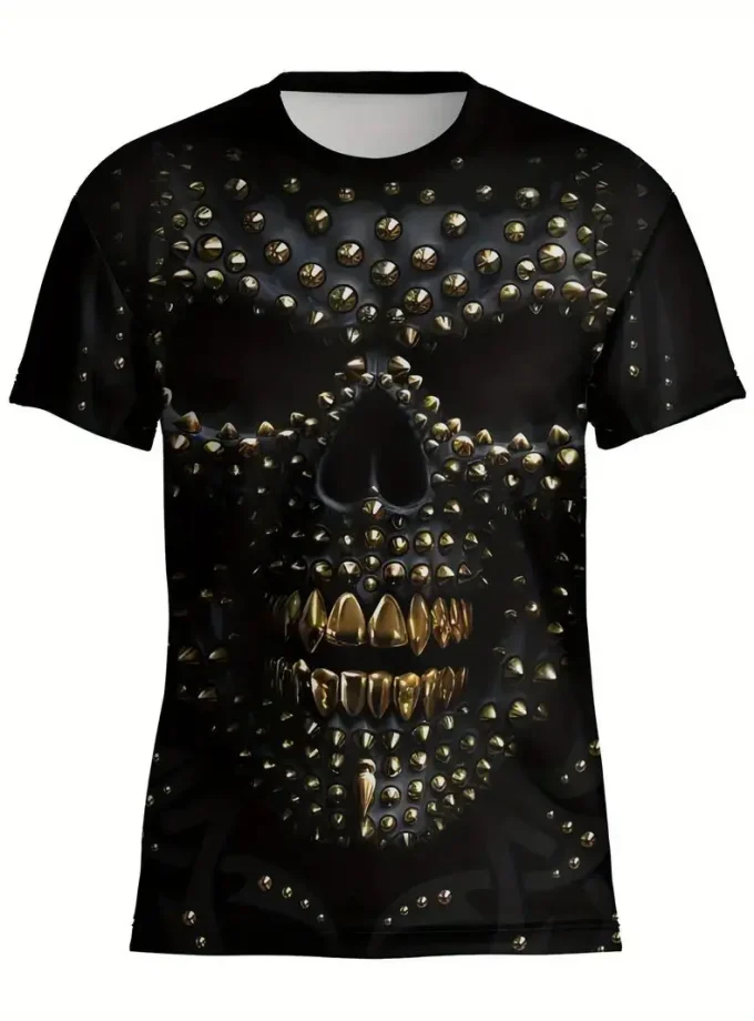 Men's 3D Skull Pattern Print V-Neck Crew Neck Short Sleeve T-Shirt for Gym Casual Summer Daily Wear Knitted Fabric