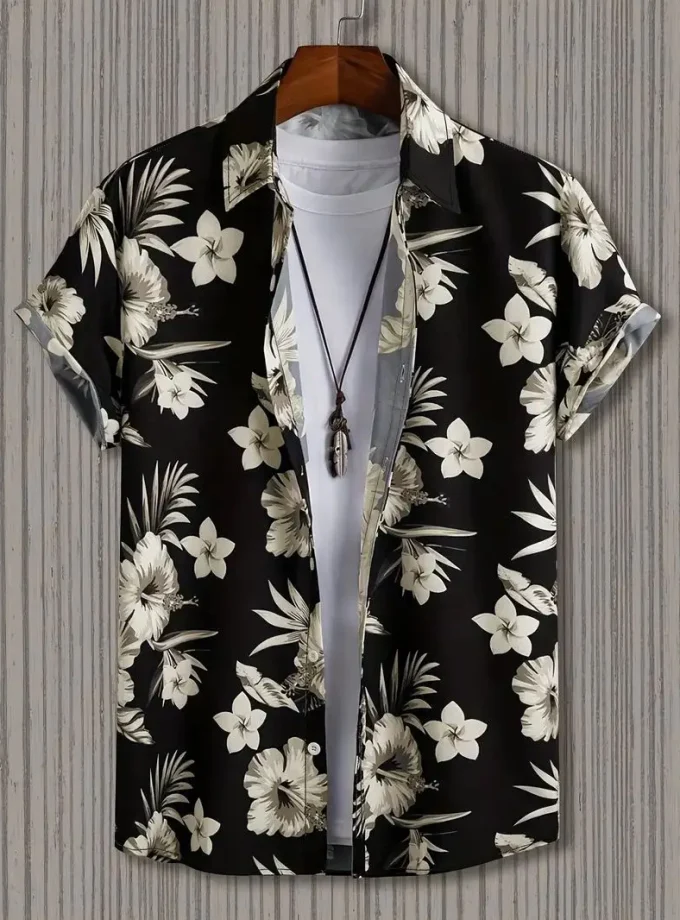Men's Casual Short Sleeve Lapel Button up Shirt Floral Graphic Print Cotton for Outdoor Activities Breathable and Sustainable