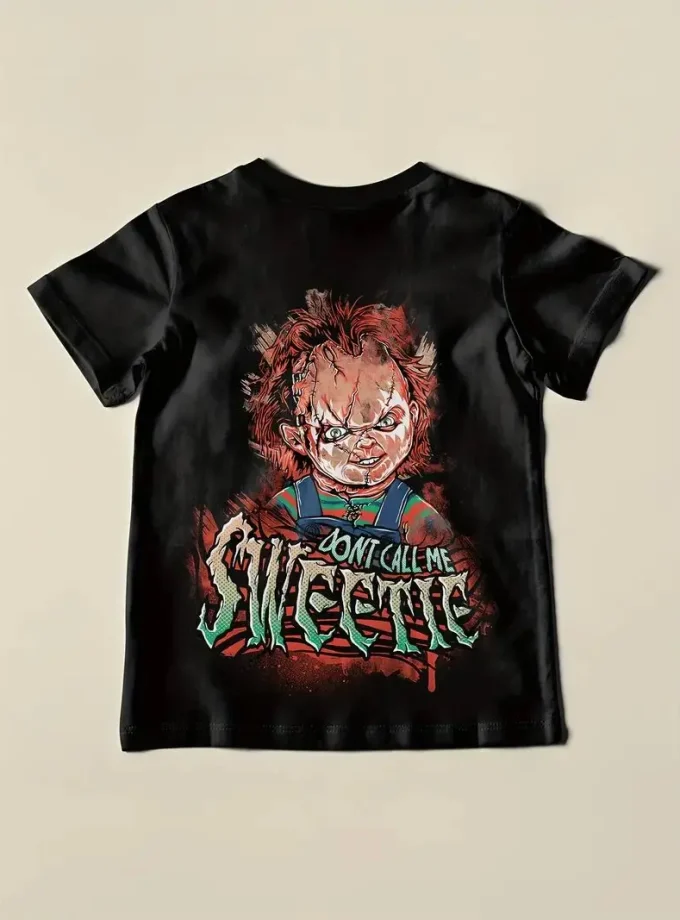 Men's Casual Short Sleeve V-Neck T-Shirt Horror Child Digital Print Crew Neck Tee for Outdoor Knitted Fabric with Pattern