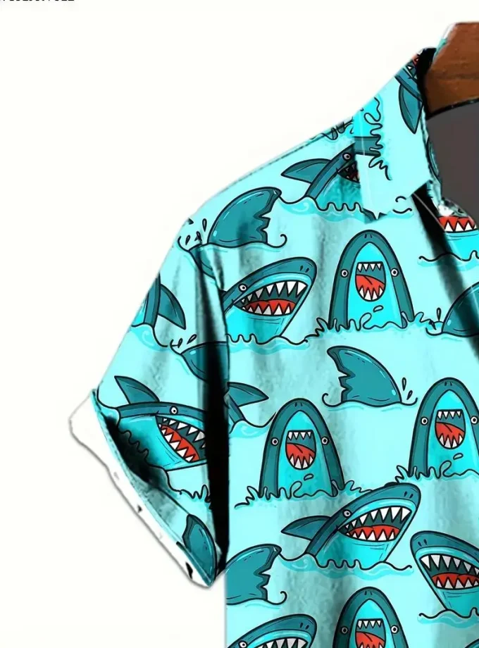 Men's Cute Cartoon Shark Print Shirt Stylish Comfortable Machine Washable Breathable 3D printed shirt Anti-Wrinkle for Summer
