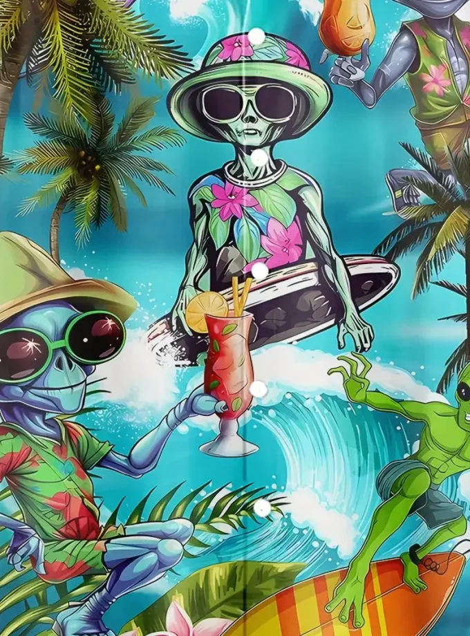 Men's Hawaiian Novelty Alien Print Button-Down Shirt, Short Sleeve Summer Vacation Shirts