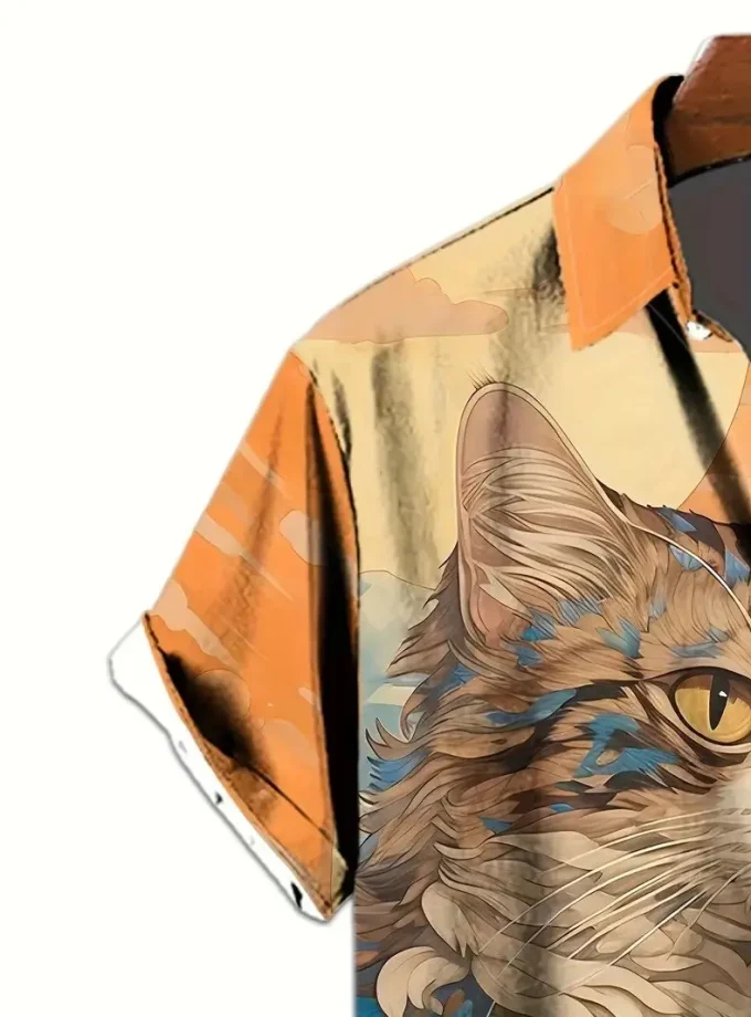 Men's Casual polyester Short Sleeve Lapel Shirt 3D Cat Pattern Printed Button up for Daily Use or Vacation at Beach Resorts