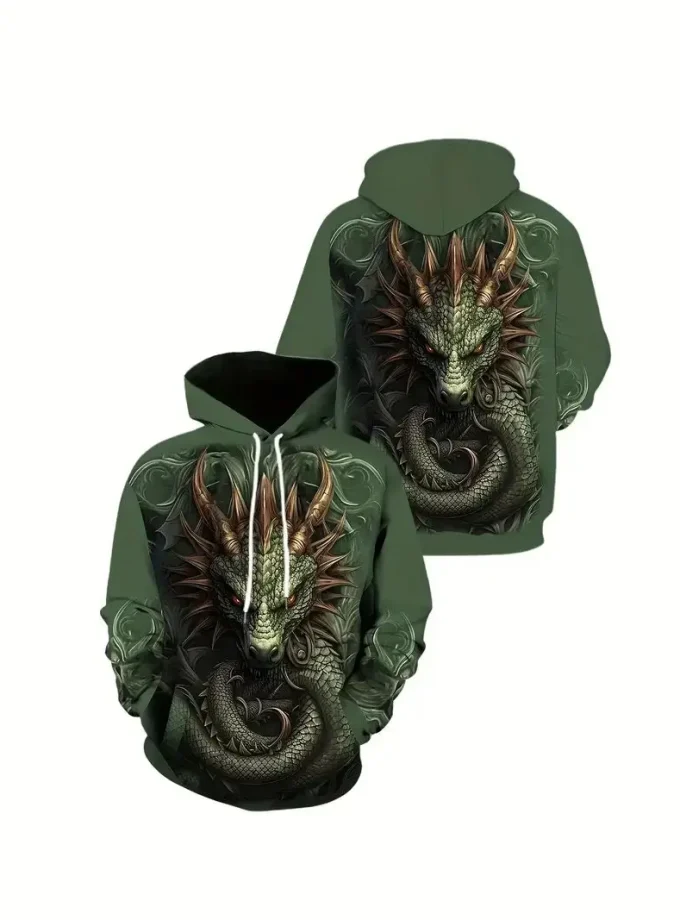 Men's Plus Size Casual Sport Pullover Hoodie 3D Dragon Print Kangaroo Pocket Stretch Fleece Fabric Machine Washable