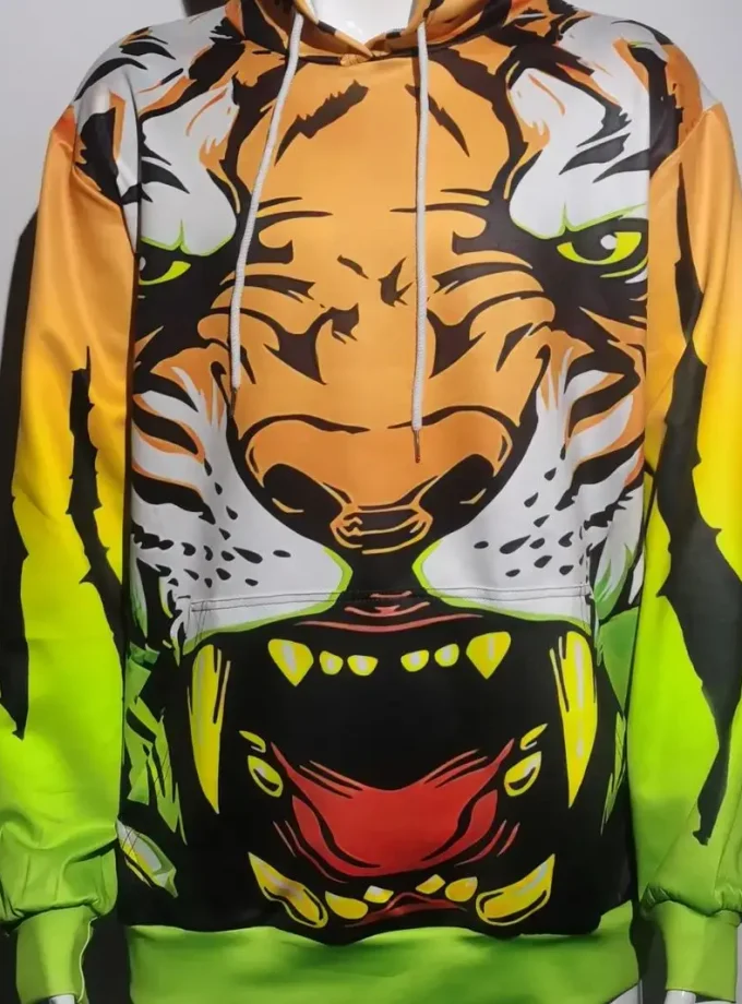 Men's Puffer Hoodie Comfortable Long Sleeve Fleece Sweatshirt 3D Tiger Graphic Print Pocket Pullover Style Autumn Season