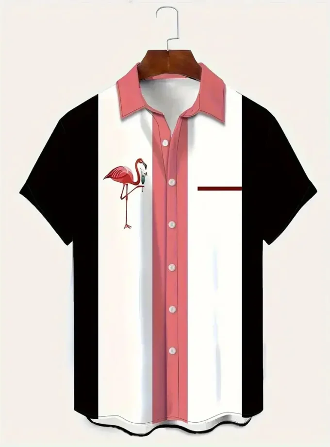 Men's Casual Summer Flamingo Striped Button-Down Shirt Breathable and Sustainable Floral Dress for Vacation and Daily Wear