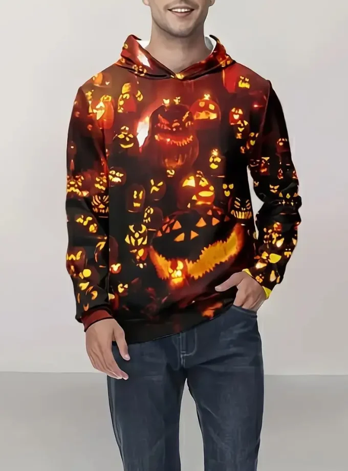 Men's Oversized Pumpkins Graphic Print Hoodie Casual Long Sleeve High Quality Sweatshirt for Outdoor XL Size