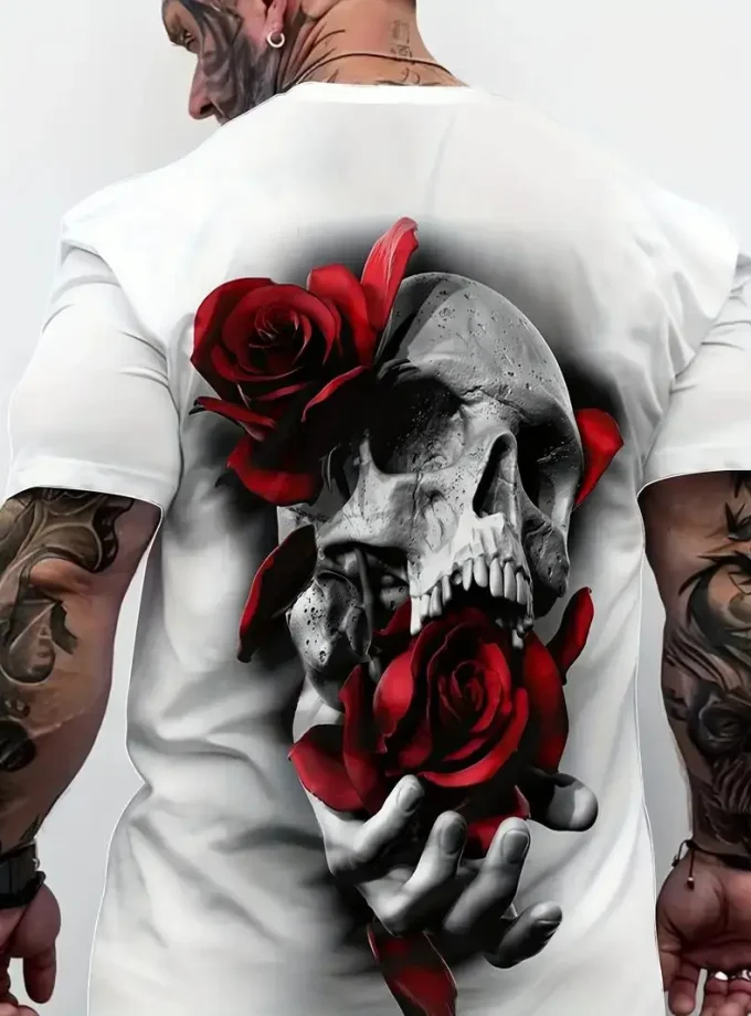 Men's Chic 3D Digital Skeleton Skull Rose Printed T-Shirt Short Sleeve Crew Neck Comfortable Breathable Tops Summer Outdoors