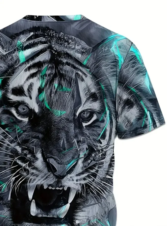 Men's Casual Tiger Graphic Print T-Shirt Summer Outdoor Crew Neck Clothing Crocheted Knitted V-Neck Tee