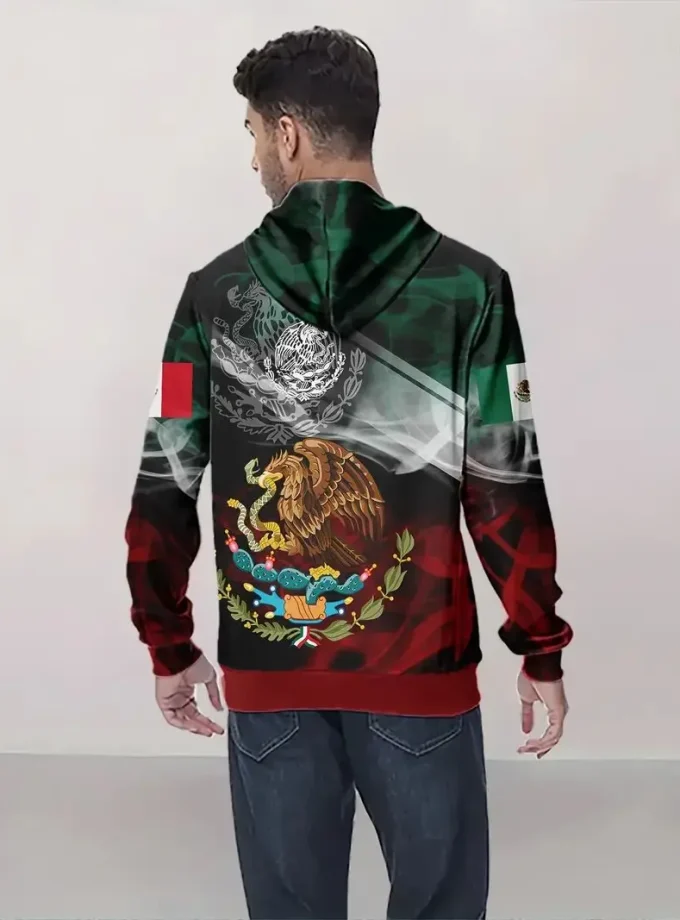 Men's Oversized Eagle Graphic Print Hoodie Casual Long Sleeve Sweatshirt Embossed Zipper Winter Heavyweight Outdoor Wear-XL