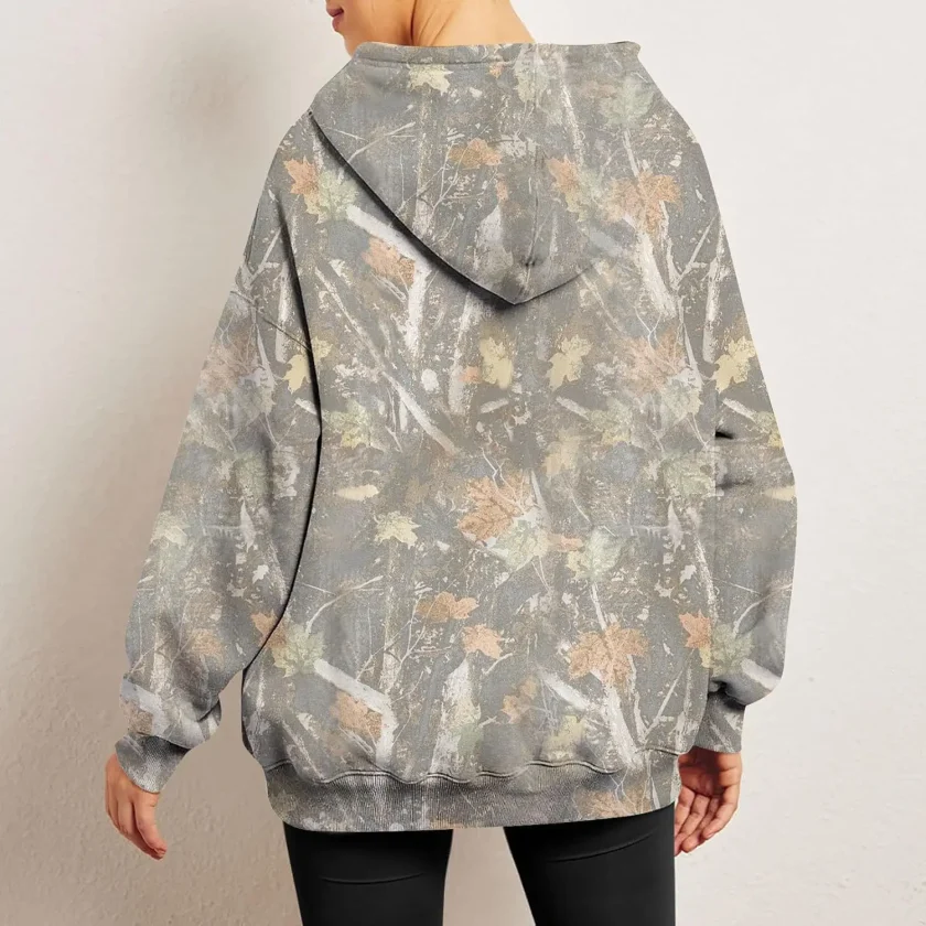 Men's Oversized Camo Hooded Pullover Sweatshirt Maple Leaf Pocket Solid Digital Technique Classic Puff Winter Season XS Size - Image 5