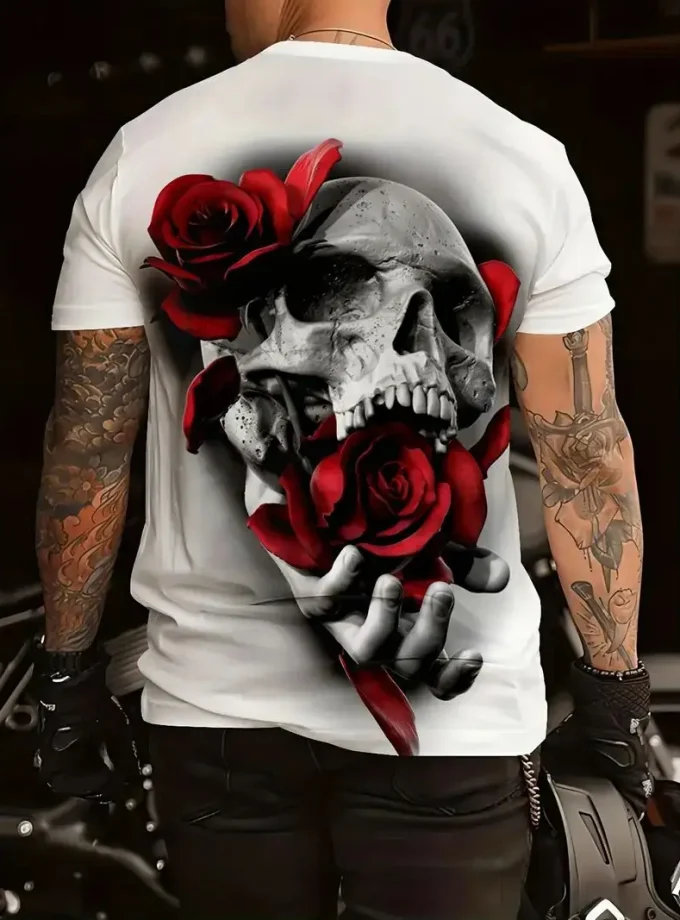 Men's Chic 3D Digital Skeleton Skull Rose Printed T-Shirt Short Sleeve Crew Neck Comfortable Breathable Tops Summer Outdoors