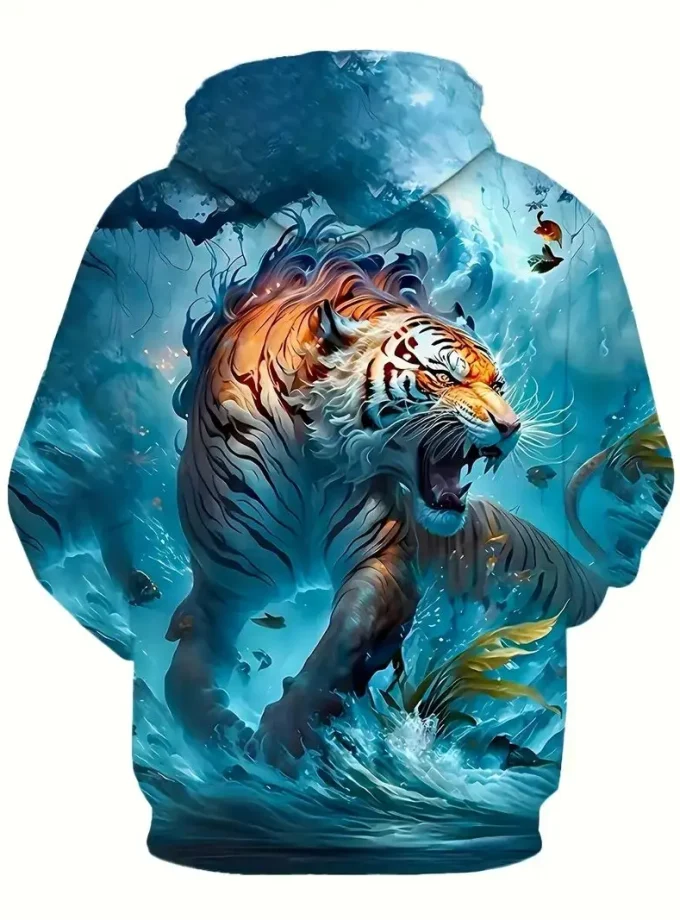 Men's Plus Size 3D Tiger Graphic Print Pullover Hooded Sweatshirt Trendy Casual Outdoor Sports Fleece Hoodies for Spring Fall
