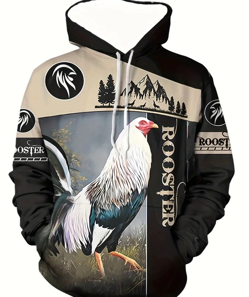 Men's Hoodie Rooster Graphic Fleece Fabric Long Sleeves Printed Pullover Hoodies with Pocket