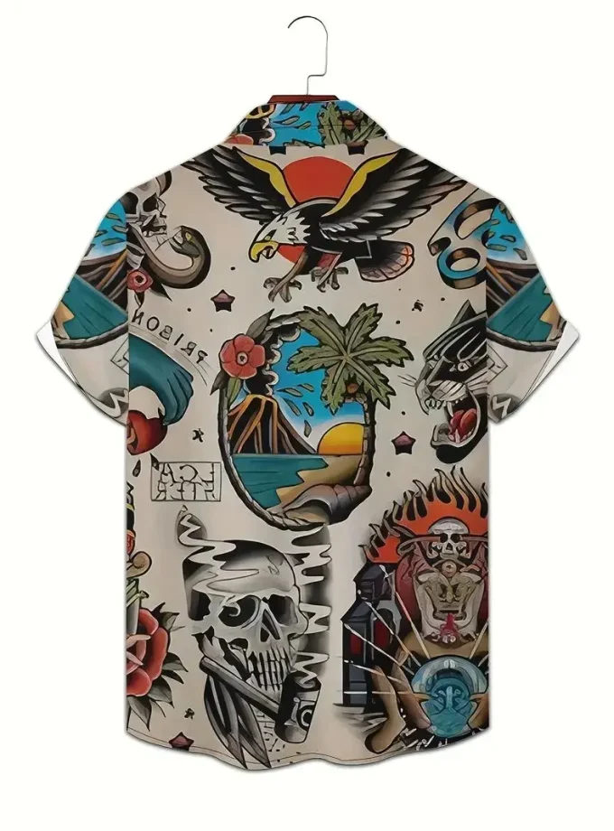Men's Retro 3D Skull Floral Pattern Print Casual Button Top XL Size Short Sleeve Lapel Shirt Summer Daily Wear Vacation Resorts