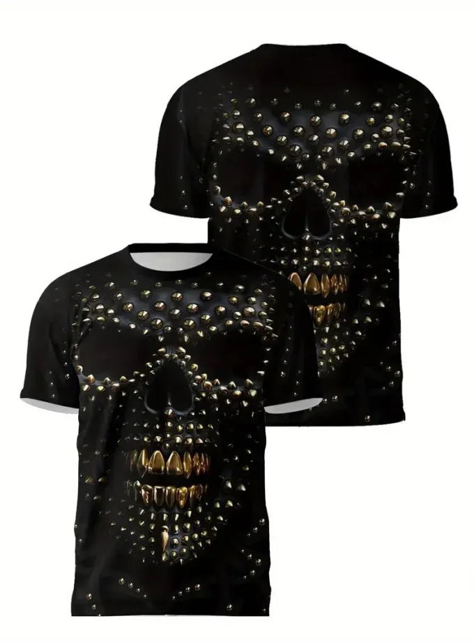 Men's 3D Skull Pattern Print V-Neck Crew Neck Short Sleeve T-Shirt for Gym Casual Summer Daily Wear Knitted Fabric