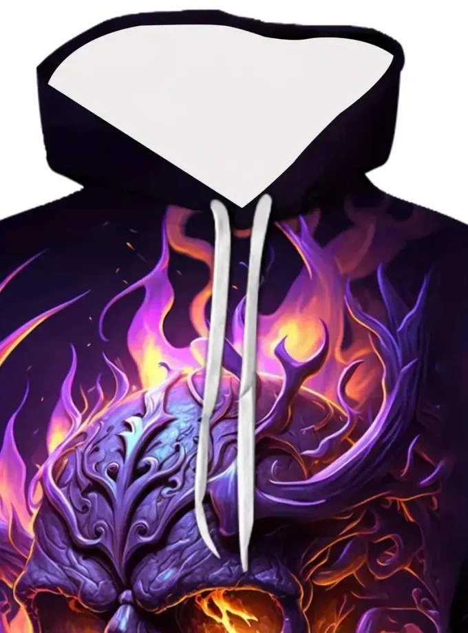 Men's Oversized Skull Print Hooded Sweatshirt Breathable Crocheted Long Sleeve Kangaroo Pocket High Puff Casual Outdoor Wear