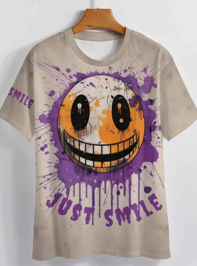 Men's Casual 3-D Graffiti Smile Graphic T-Shirt Breathable Short Sleeve Digital Print Plus Size Shirts