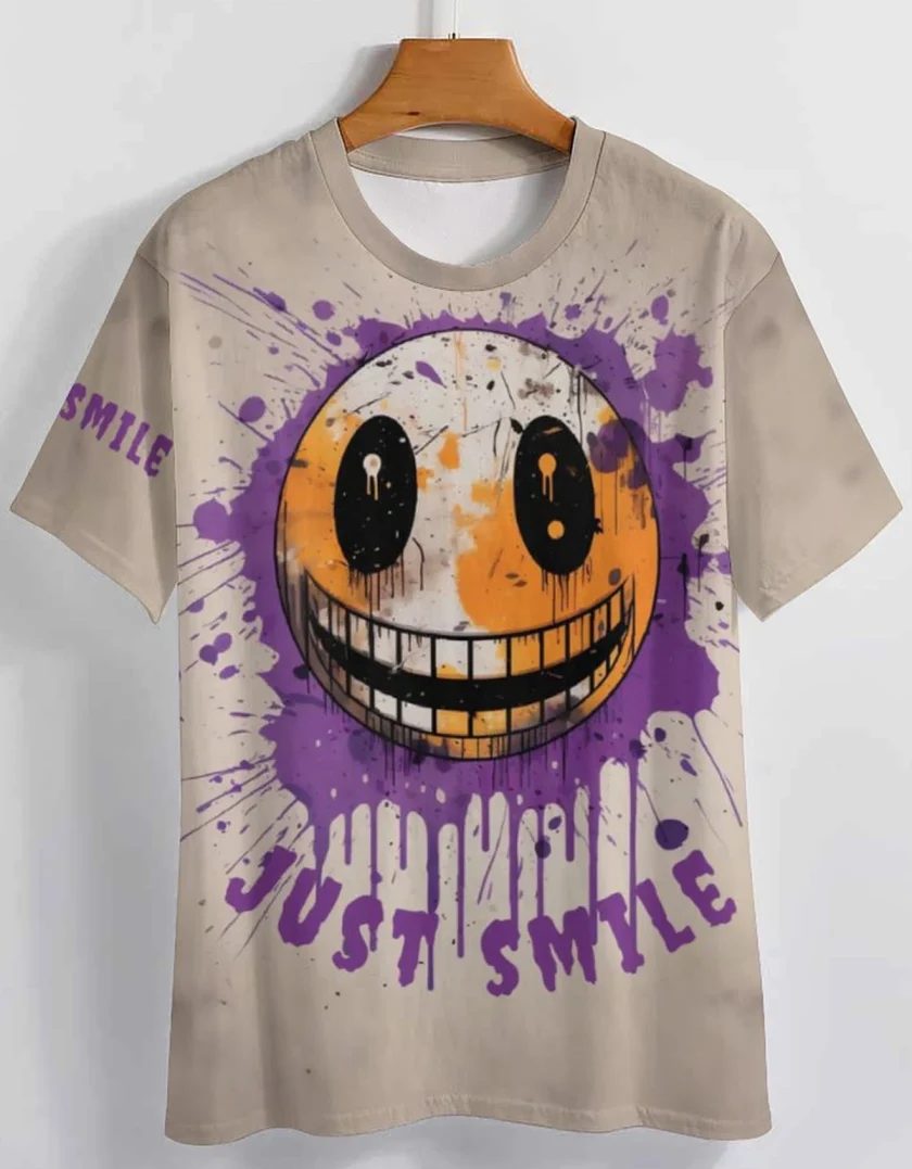 Men's Casual 3-D Graffiti Smile Graphic T-Shirt Breathable Short Sleeve Digital Print Plus Size Shirts - Image 3