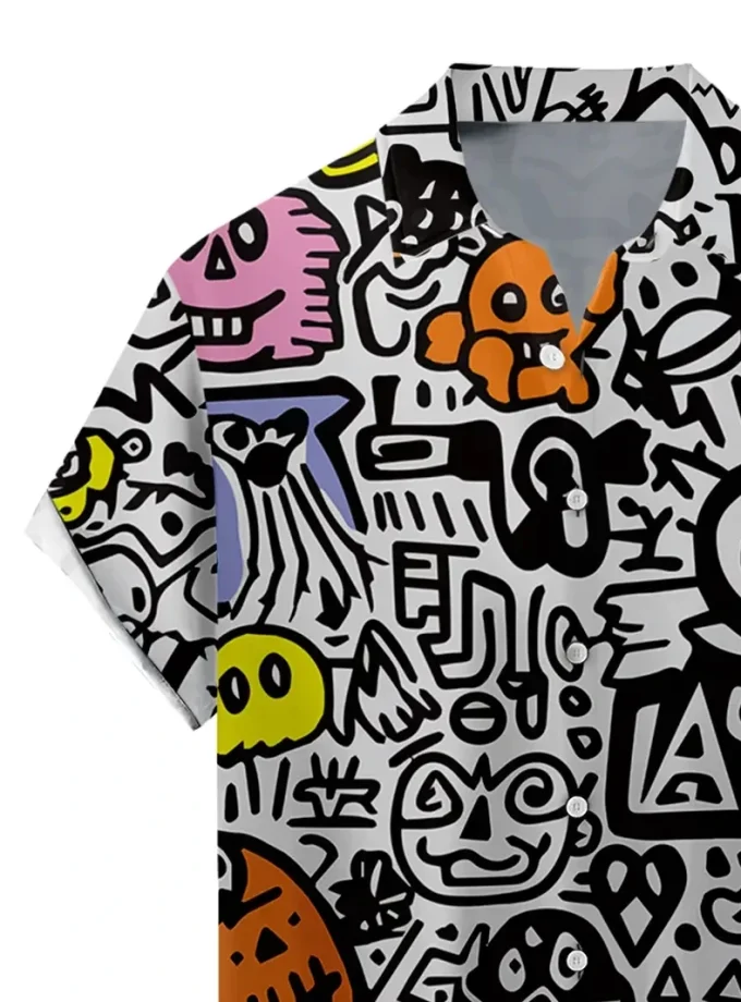 Men's Graphic Print T-Shirt Vibrant Graffiti Pattern Loose Fit Short Sleeve Button-Down Collar Slight Stretch Woven