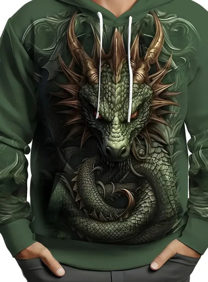 Men's Plus Size Casual Sport Pullover Hoodie 3D Dragon Print Kangaroo Pocket Stretch Fleece Fabric Machine Washable