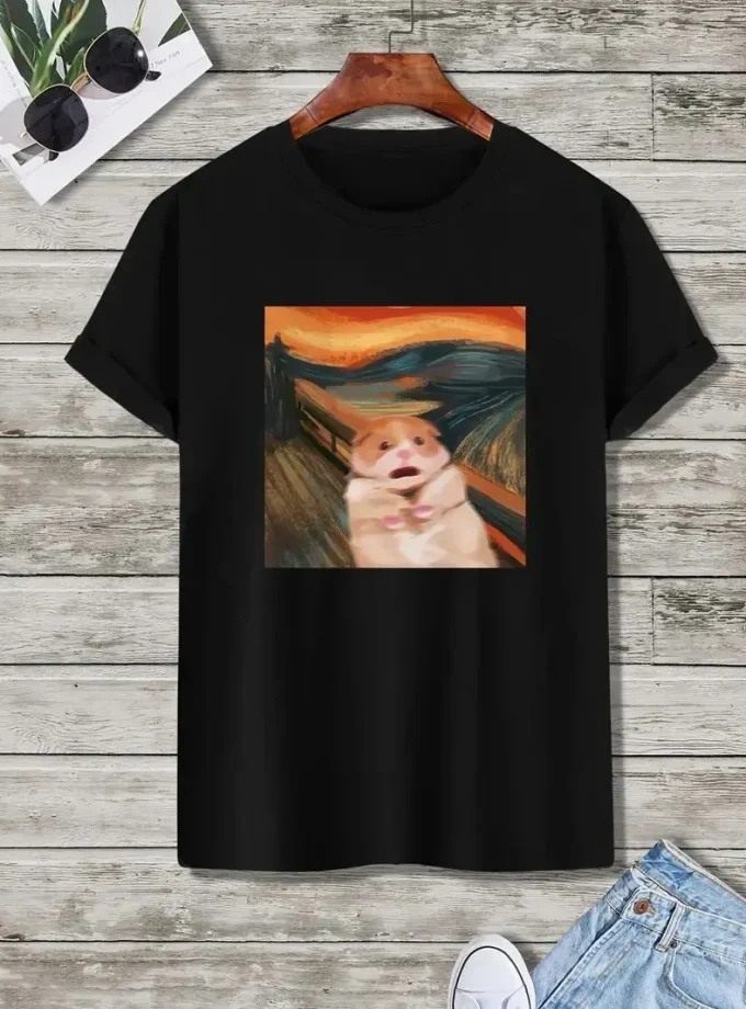 Men's All-Season Casual Crew Neck Soft Slight Stretch Polyester Blend Cartoon Scream Mouse Graphic Short Sleeve Machine T-Shirt