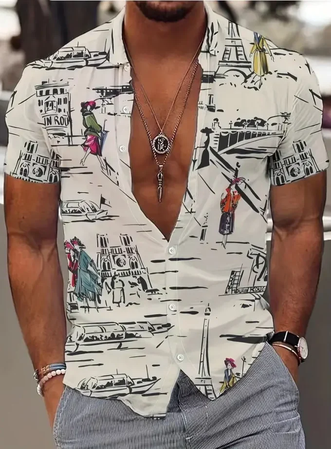 Men's Casual Paris Print Button-Down Shirt 100% Silk Polyester Slight Stretch Lapel Collar Regular Fit Novelty Woven Short