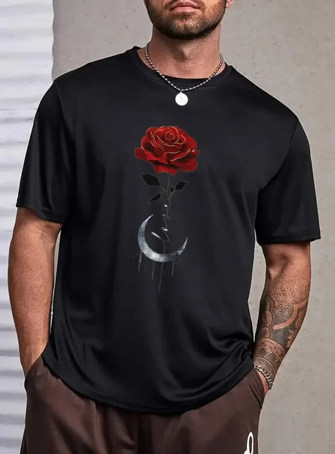 Men's 3D trendy Rose Graphic Tees Comfortable Stretch Breathable Summer T-shirts short Sleeve Clothing