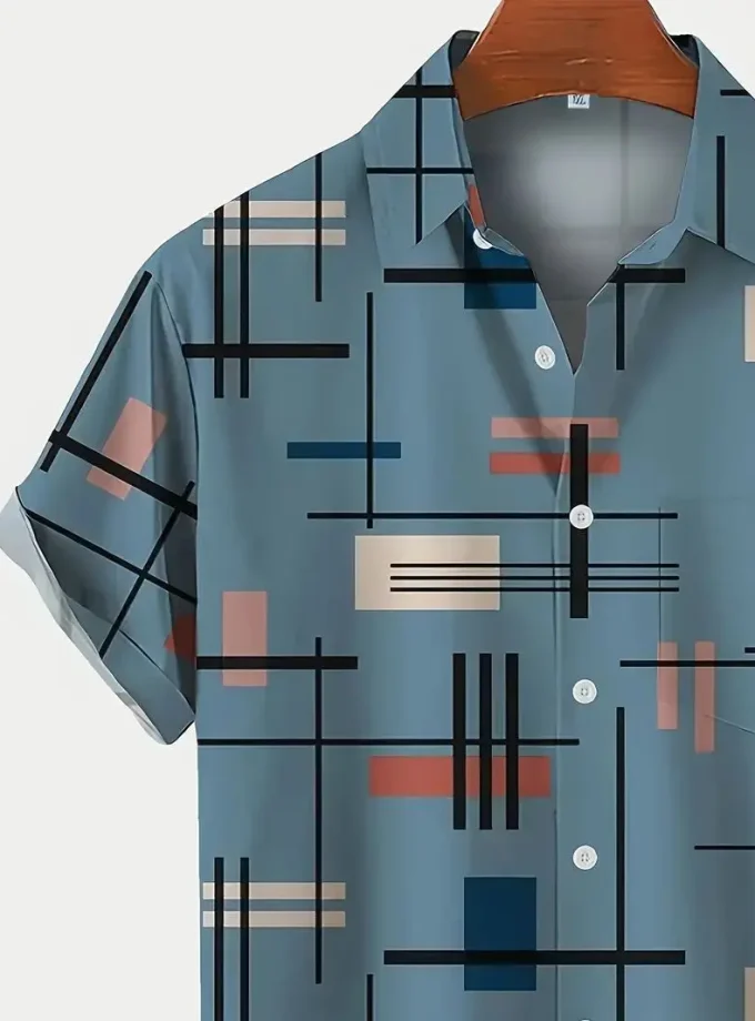 Men's Retro Floral Geometric Pattern Button-Down Shirt Casual Summer Short Sleeve Breathable Sustainable with Pocket XL Size