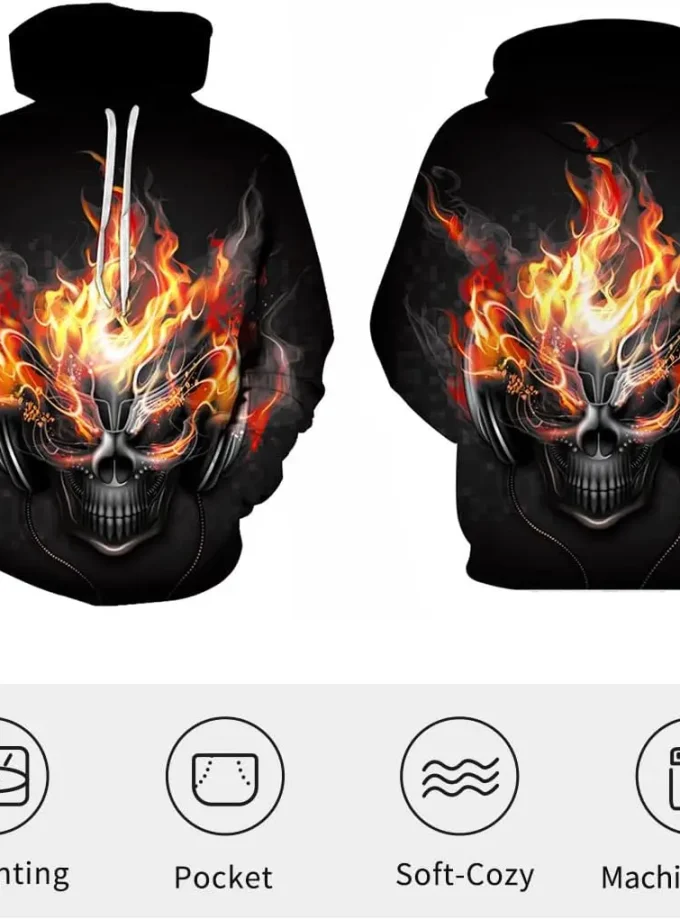 Men's Oversized Hoodie with Skull 3D Graphic Print 100% polyester Fleece Sweatshirt Pullover Tops Winter Season with Pocket