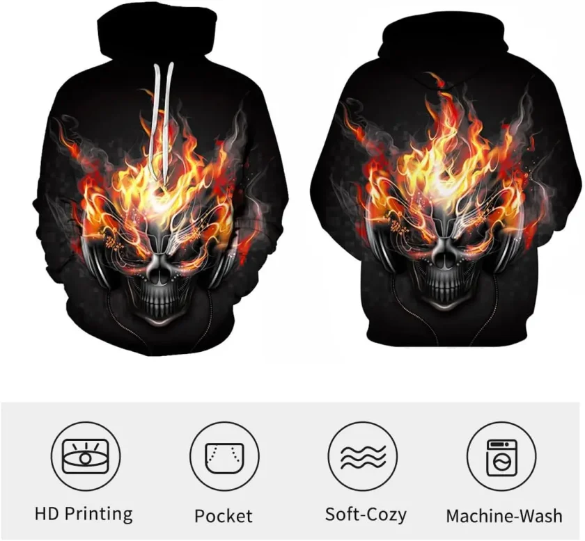 Men's Oversized Hoodie with Skull 3D Graphic Print 100% polyester Fleece Sweatshirt Pullover Tops Winter Season with Pocket - Image 3