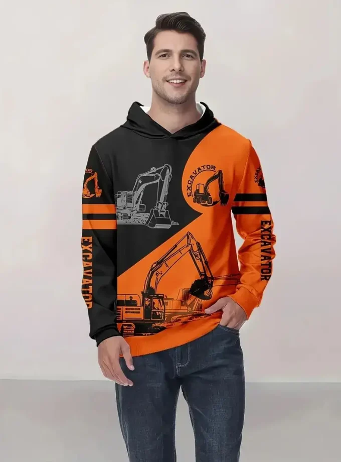 Men's Oversized Excavator Graphic Print Hoodie Long Sleeve Crocheted Sweatshirt Autumn Outdoor Activities High Color Block