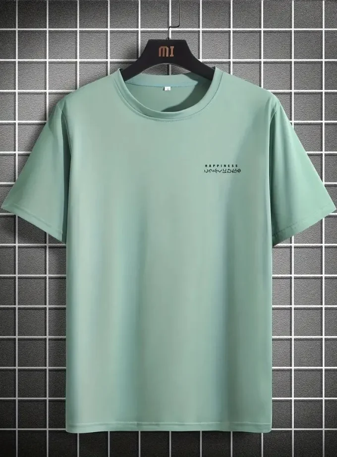 Men's Casual Sport Graphic V-Neck Koi Carp 'HAPPINESS' Lettering Spring/Summer Short Sleeve Knitted Tee Pattern Design T-shirt