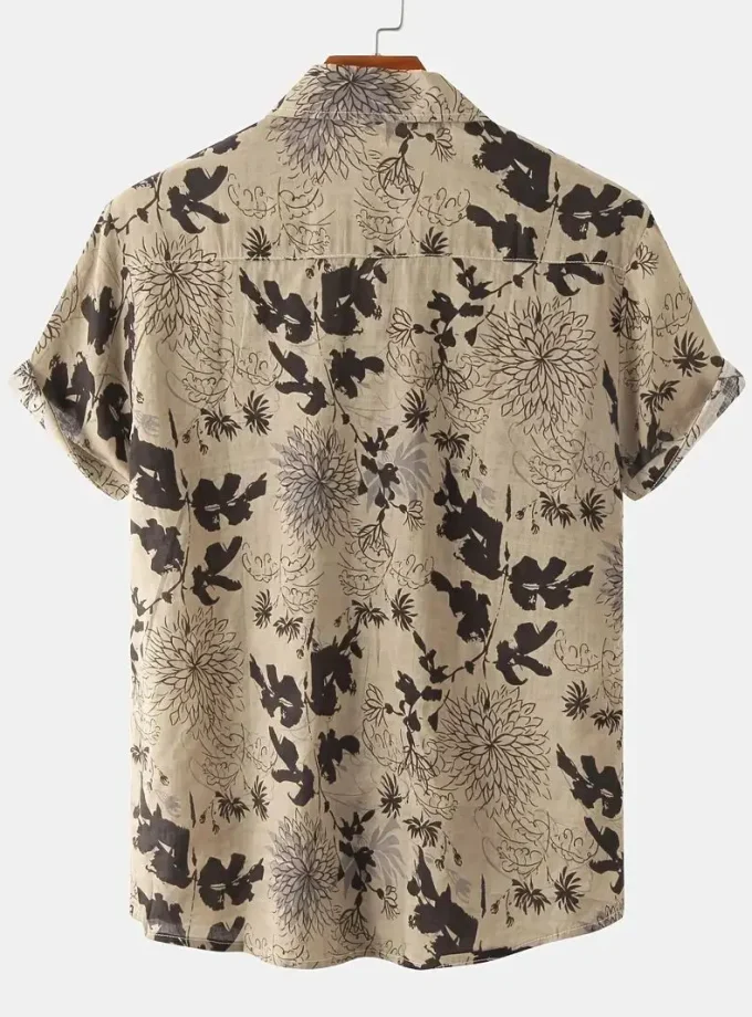 Men's Casual Summer Cotton Shirt Short Sleeve with Leaf and Flower Graphic Breathable and Sustainable Crocheted Male Clothing