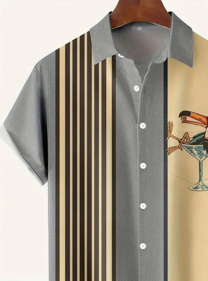 Men's Floral Pattern Striped Short Sleeve Shirt Casual Lapel Button up for Outdoor Activities Breathable and Sustainable