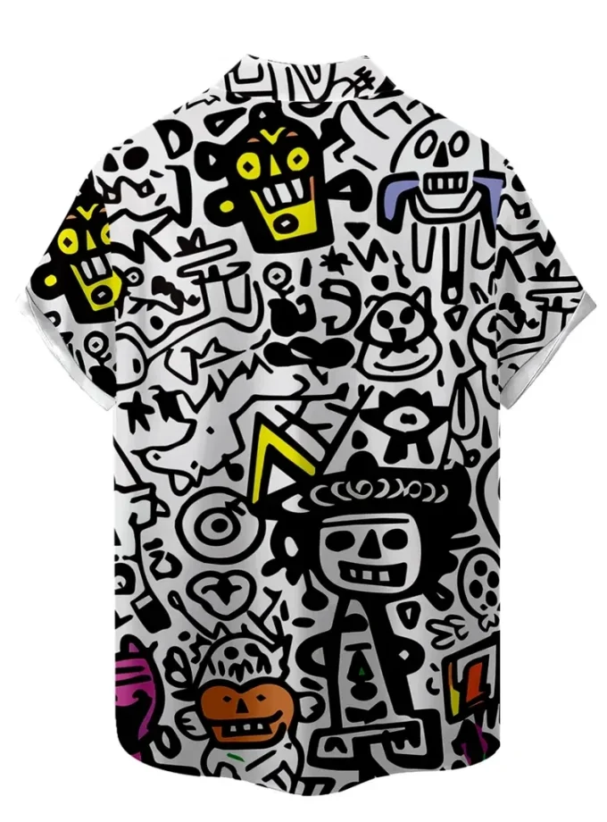 Men's Graphic Print T-Shirt Vibrant Graffiti Pattern Loose Fit Short Sleeve Button-Down Collar Slight Stretch Woven