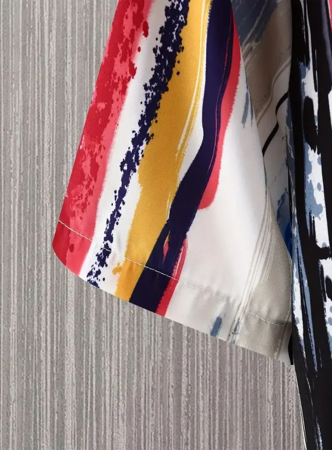 Men's Casual Short Sleeve Button Lapel Summer Shirt Multi-Color Floral Vertical Stripe Crocheted Breathable Fashion Holiday