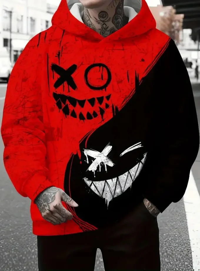 Men's Oversized 3D Printed Pullover Hoodie Casual Long Sleeve with Kangaroo Pocket Crocheted Weaving for Spring/ Fall/Winter